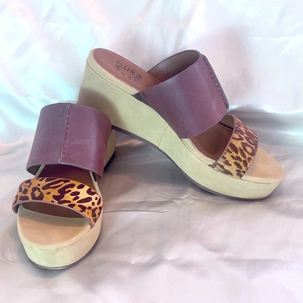 NATURALIZER Urbana Platform Wedge Brown Leather Calf Hair Cheetah Print Size 8